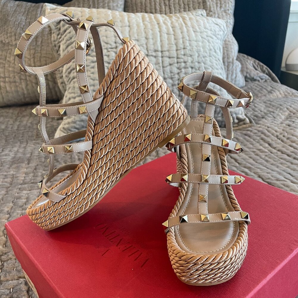 VALENTINO ROCKSTUD ESPADRILLES WEDGES IN CALFSKIN LEATHER 95 MM SIZE 37
